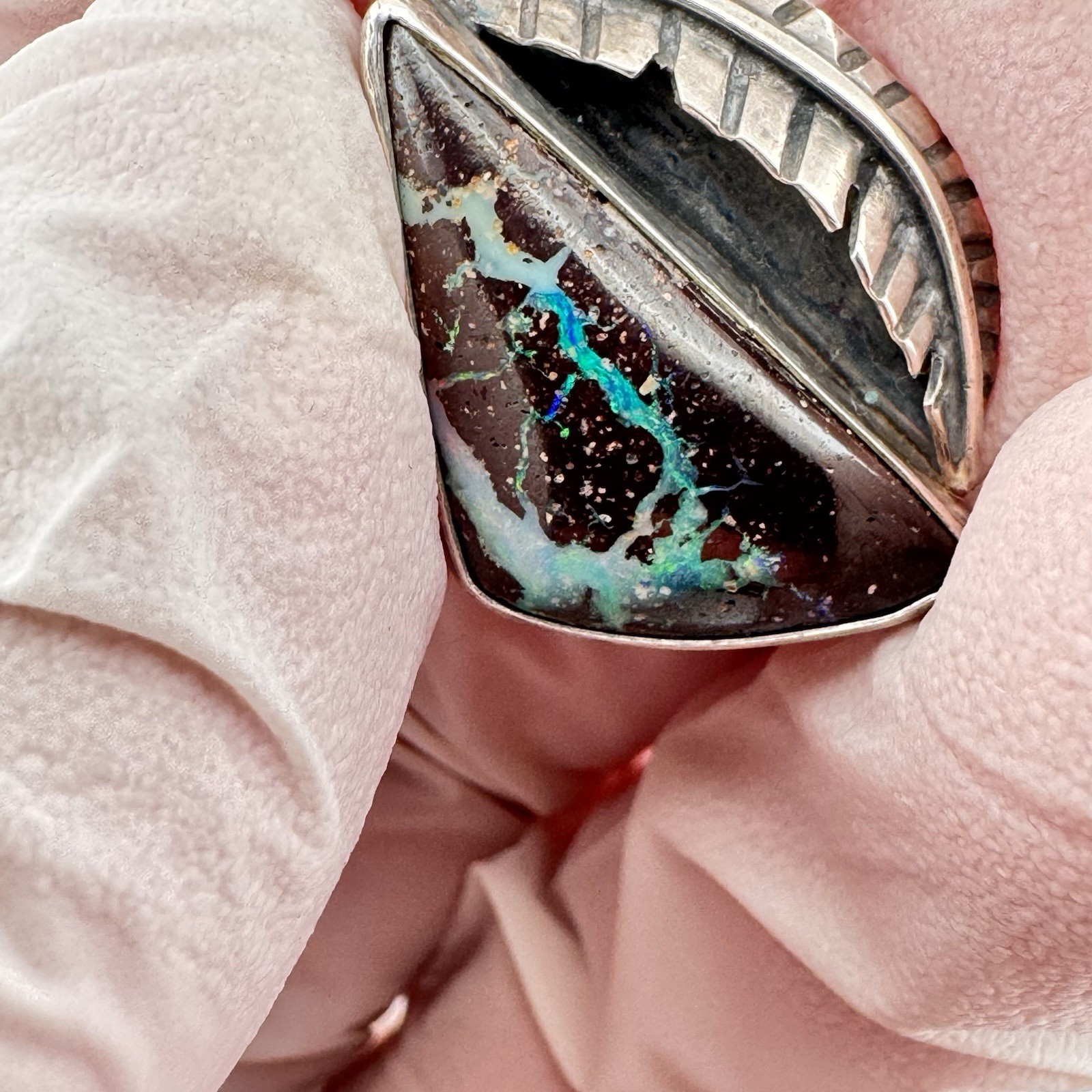 Signed RS Sterling Silver Boulder Opal Pendant Blue Green Purple Flash Artisan