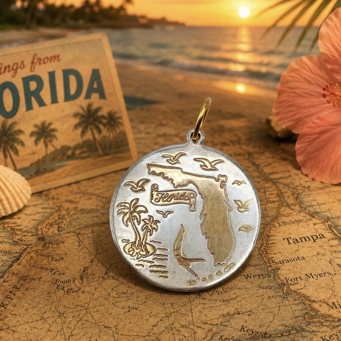 Florida Charm Pendant Silver Plate Brass 14K Gold Accent Dad 70s Souvenir Medal