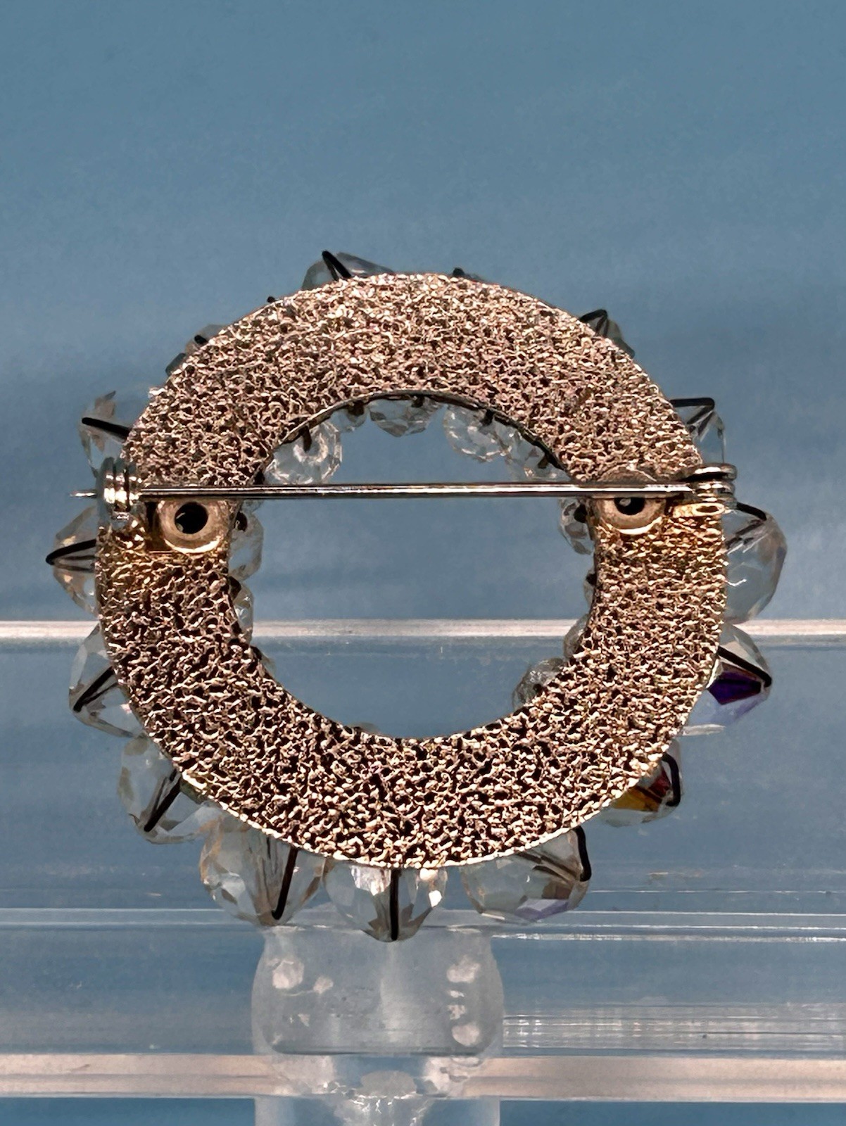 Vintage Clear AB Aurora Borealis Crystal Beaded Round Open Wreath Brooch Pin
