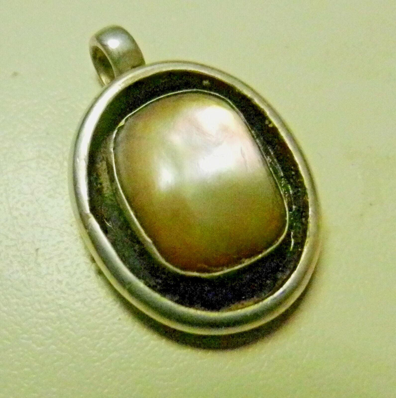 Neolithic SIGNED Sterling Silver Mother of Pearl Oval Shadow Box Pendant 1970’s