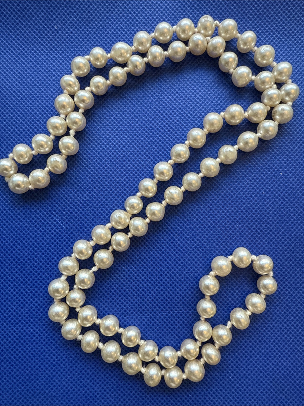 VTG 80s Faux Pearl Necklace, 33″ Opera Length, Individually Knotted Classic Boho