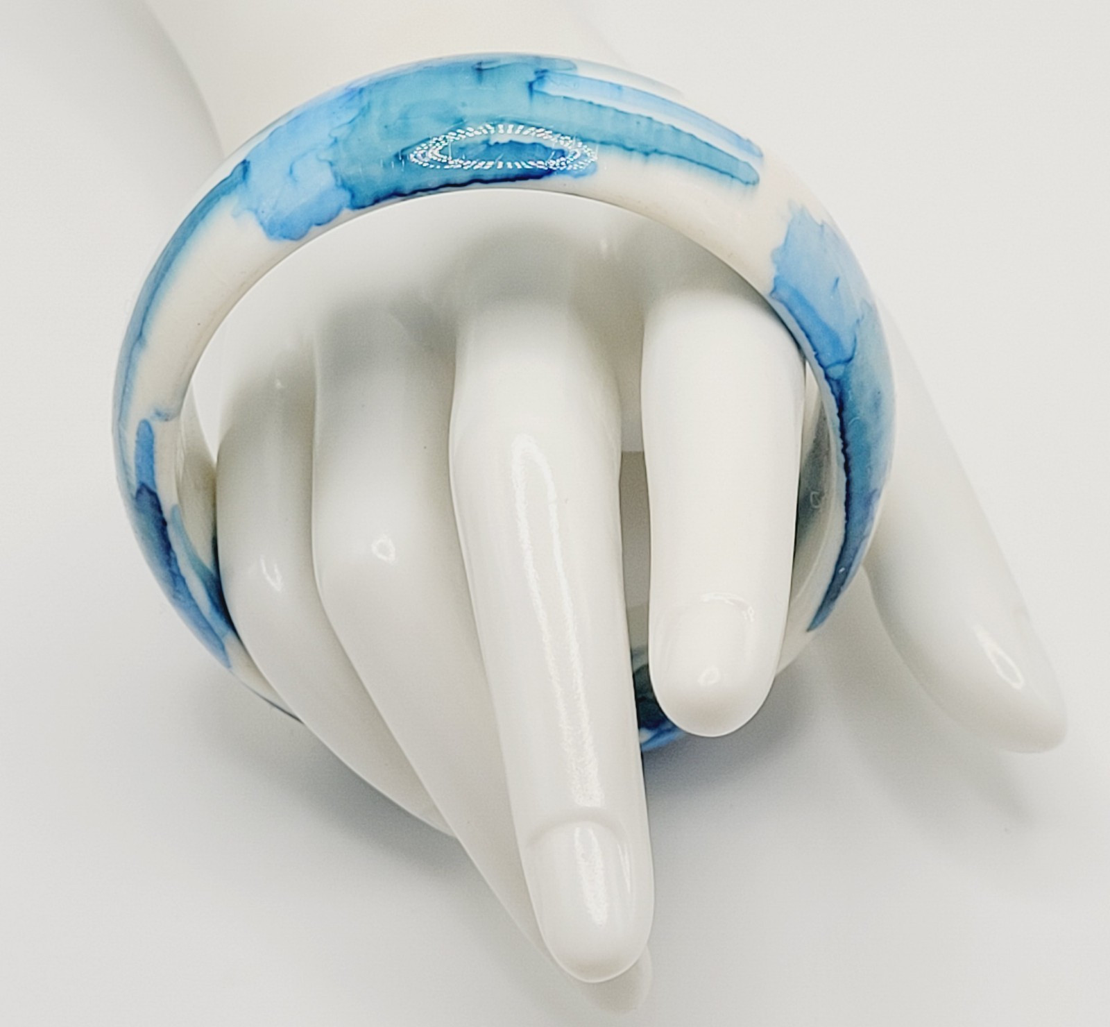 Marbled Watercolor Ink Blot Design Blue White Acrylic Chunky Bangle Bracelet