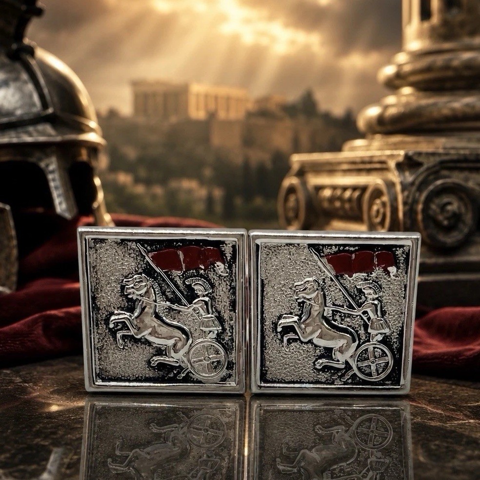 Vintage Swank Roman Chariot Cufflinks Red Enamel Gladiator Horse Figural