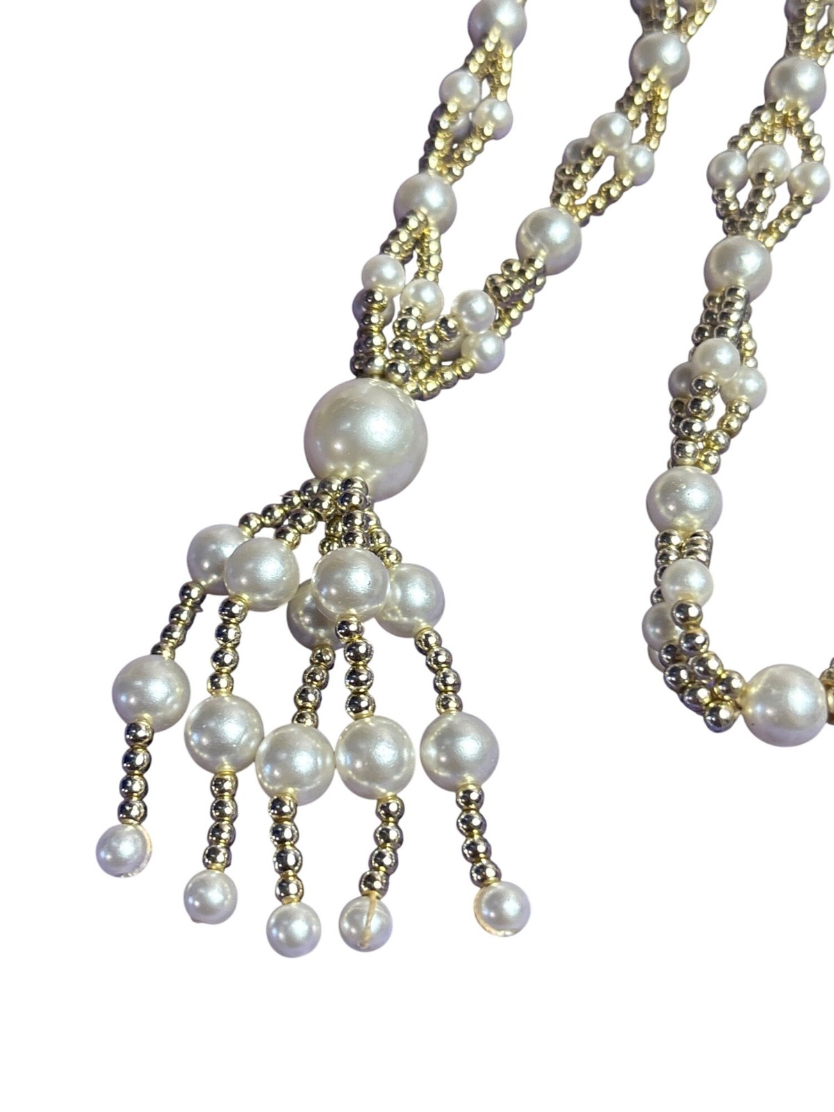 Vintage Beaded Faux Pearl Goldtone Necklace Bead Tassel No Clasp 25 inches Long