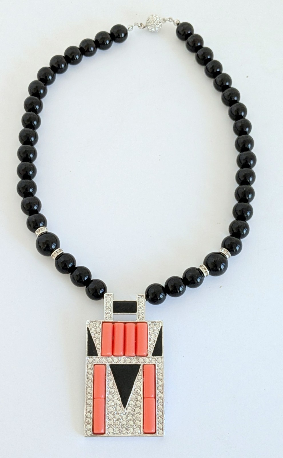 Gorgeous Rare KJL Kenneth Lane Black Beaded Art Deco Coral Pendant Necklace