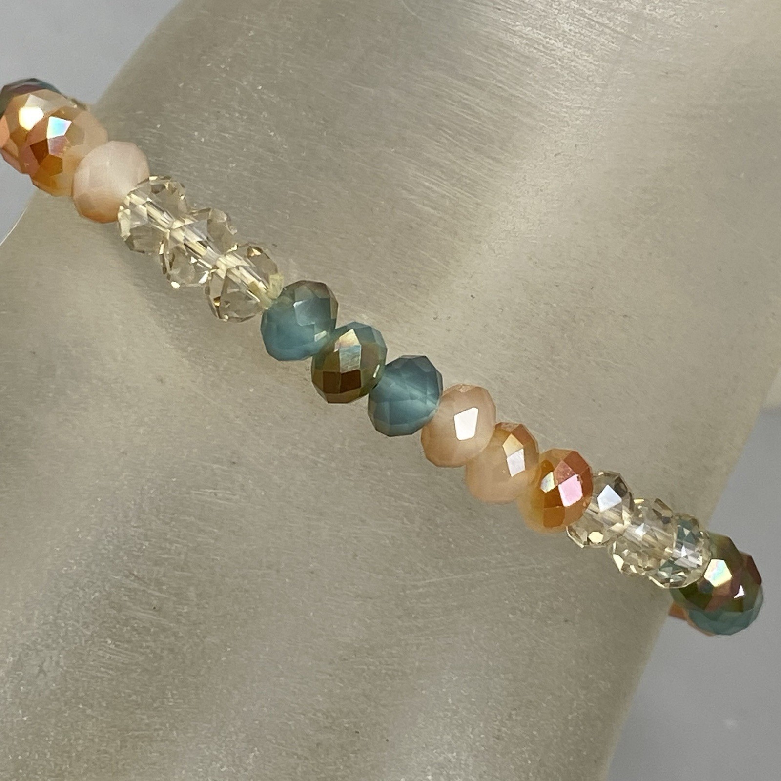 Glass Beaded Bracelet Blue Brown Clear Fire Polished Faceted Stretch Elastic 7″