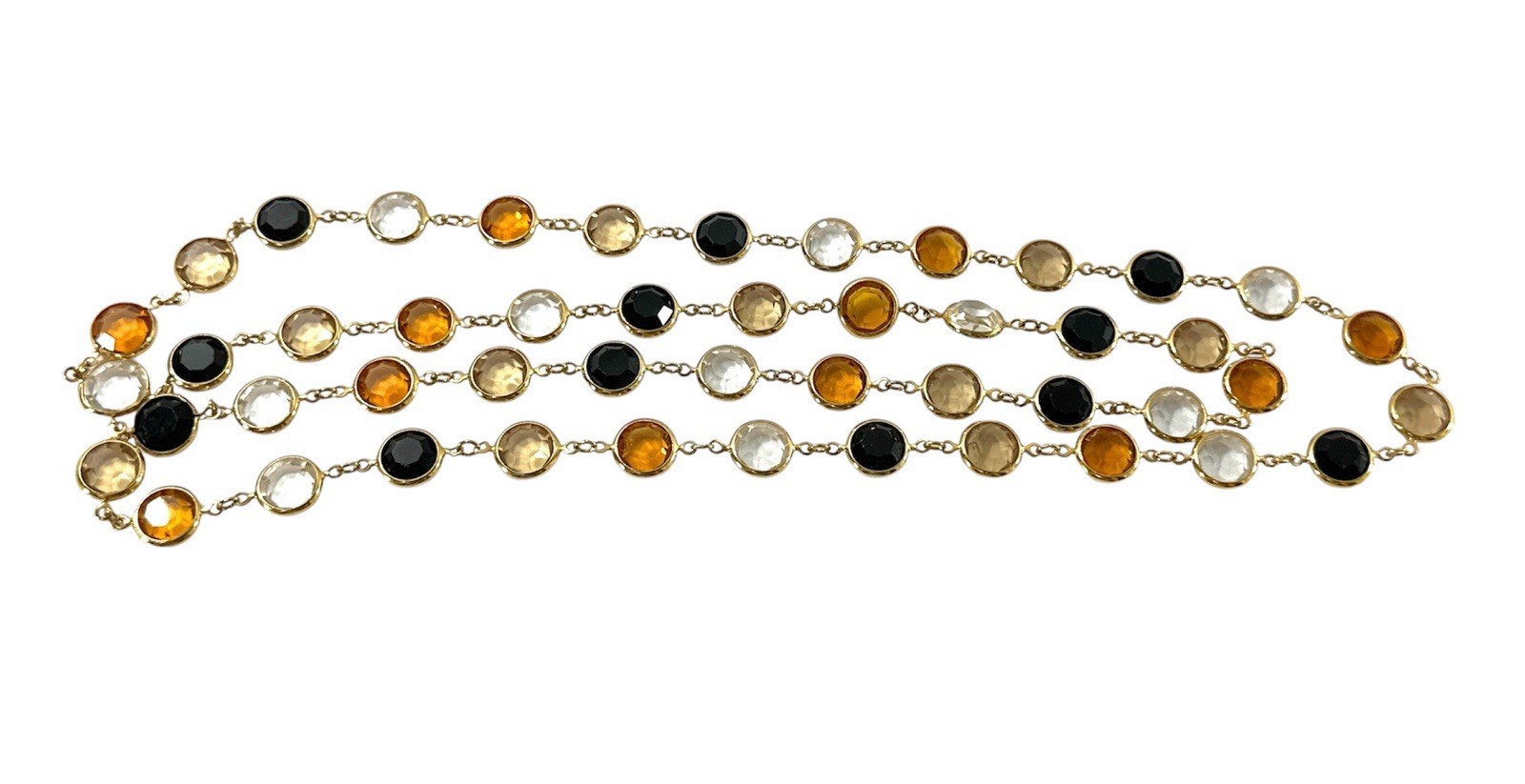Long Gold Tone Station Necklace Amber Black Clear Faceted Crystal Bezel Set 36”