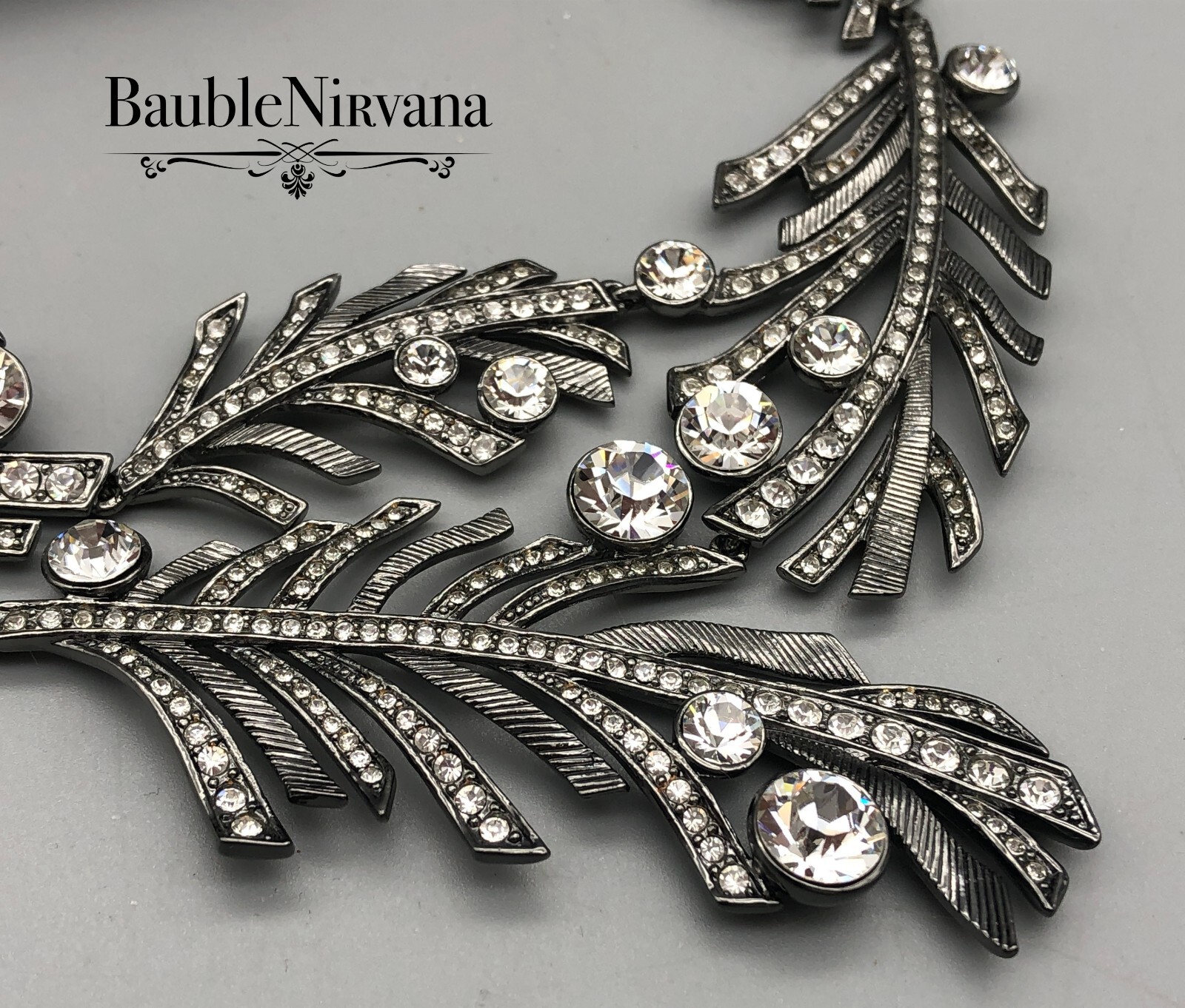 Givenchy Gun Metal & Rhinestone Textured Leaves Statement Bib Necklace WOW!!