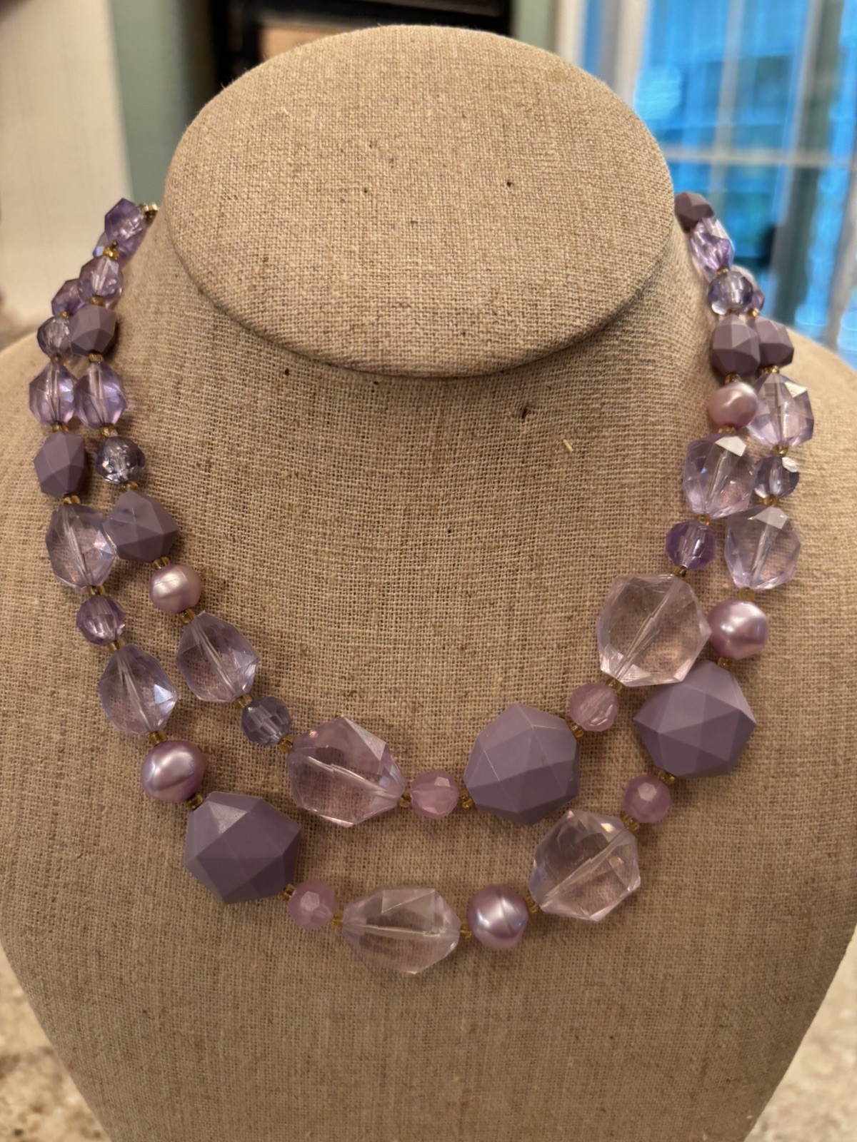 Vintage 50’s-60’s 2 Strand Plastic Lilac Beaded Choker Necklace 13 1/2 Inch