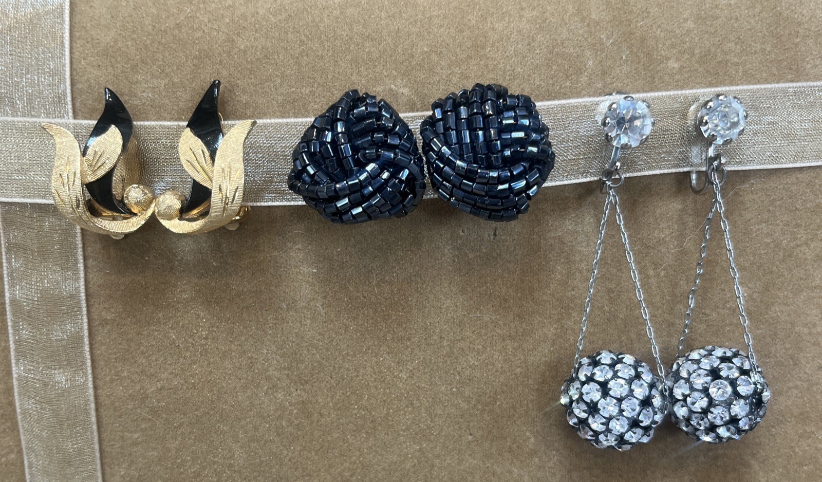 Vintage Lot of 3 Pairs Clip-on Earrings Kramer Gold Black Disco Ball Drop Dangle