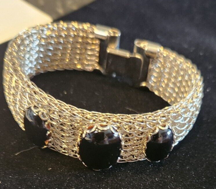 Vintage Silver Tone Mesh Cuff Bracelet with Black Onyx Cabochons 7 in.