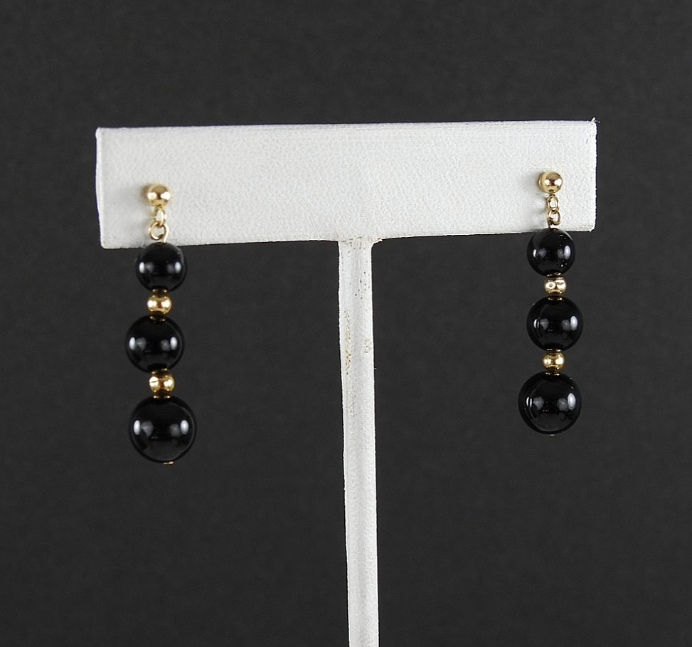 Vintage Set Onyx Necklace No Clasp 14K Y Gold Earrings Beaded Hand Knotted Lot