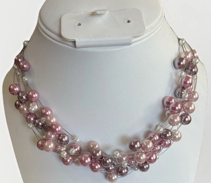 Silver 925 Purple Pink & White Pearl Illusion Necklace 15.5” + 2” Ext