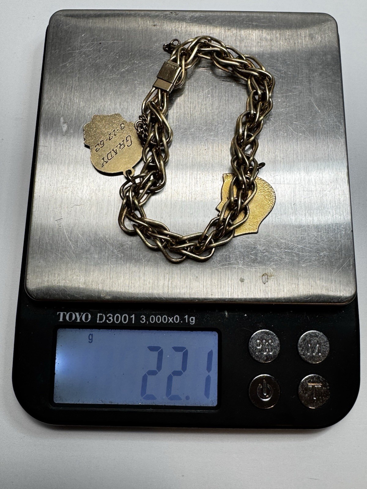 Vintage 12K Gold Filled Chain Bracelet Male Profile Charms Unmarked Retro 7” 50s