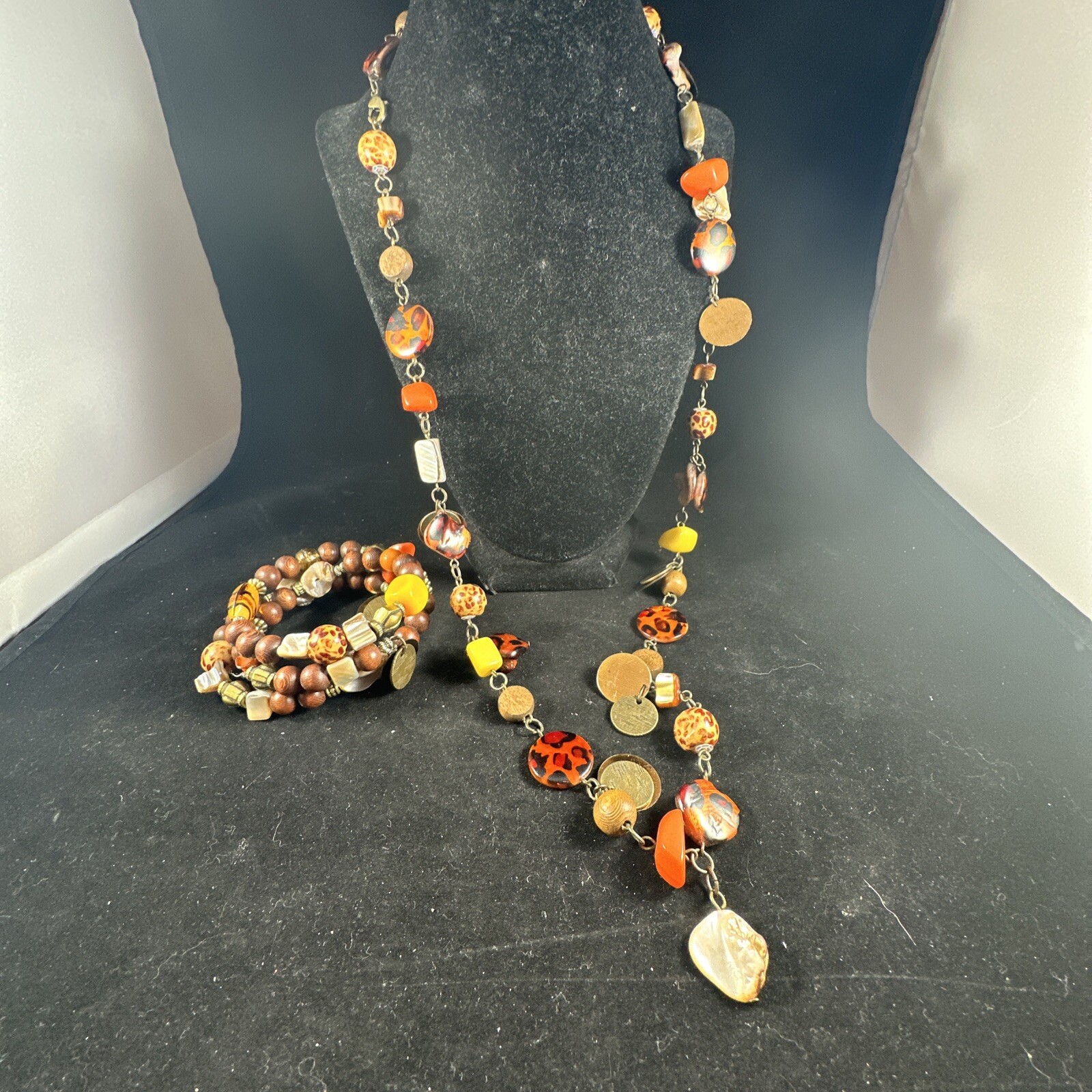 Vintage Boho Glass Wood Ceramic Acrylic Natural Beads Long Necklace & Bracelet