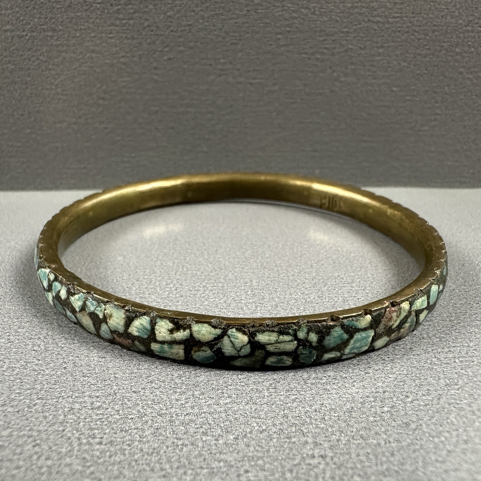Vintage India Bangles Bracelet Mosaic Stone Brass Blue Green Inlay Set of 2