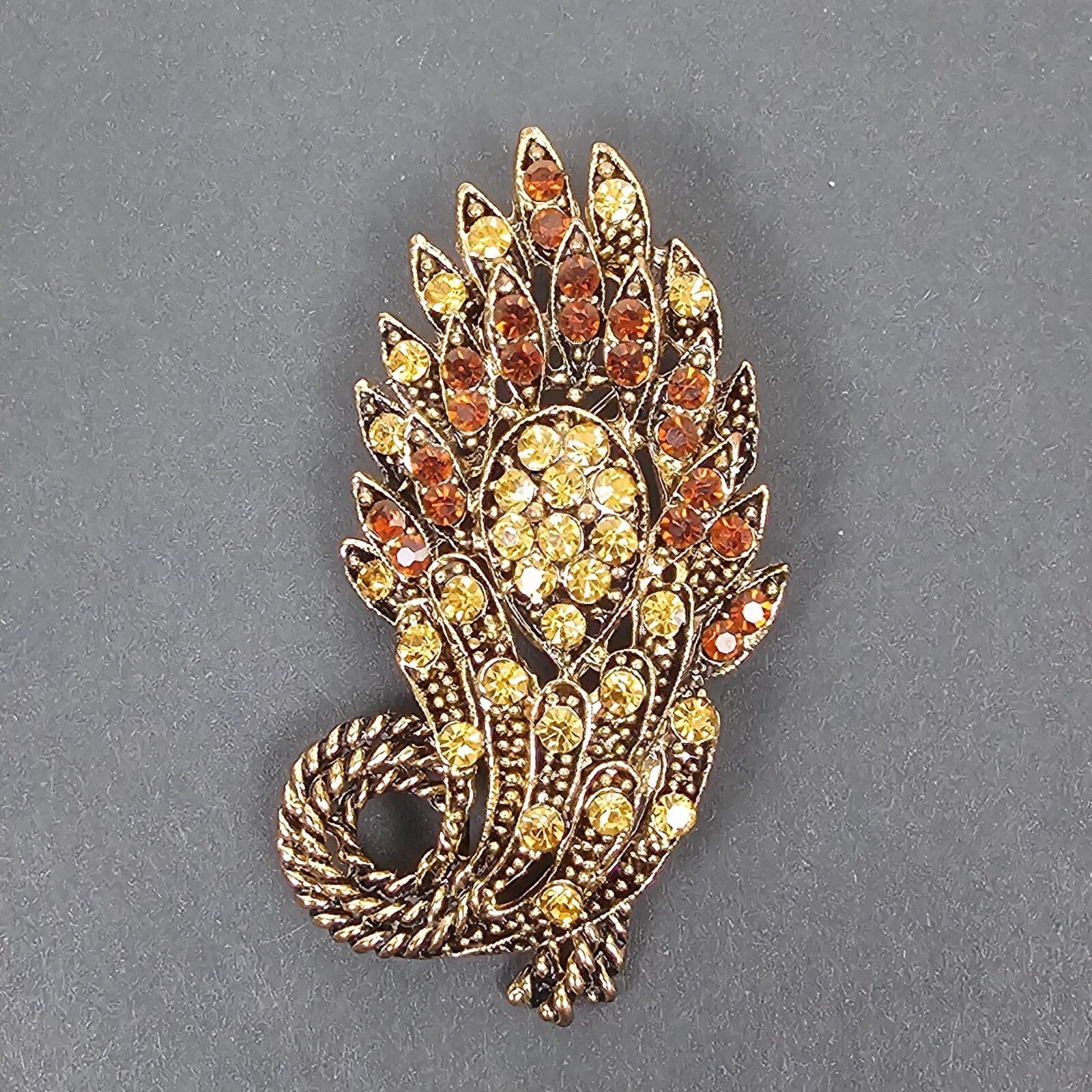 Vintage Yellow Brown Crystal Rhinestone Floral Big Brooch Pin Pendant Gold Tone