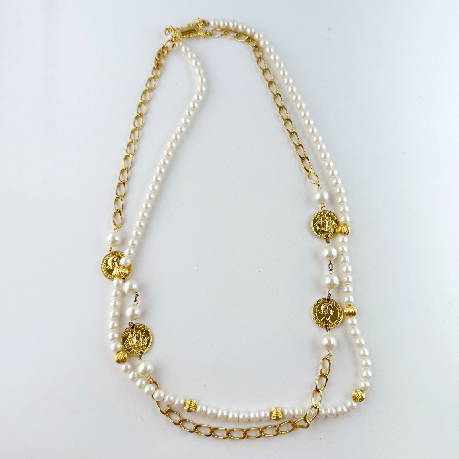 Vintage Marvella Double Strand Faux Pearl Coin Chain Link Goldtone Necklace 30”