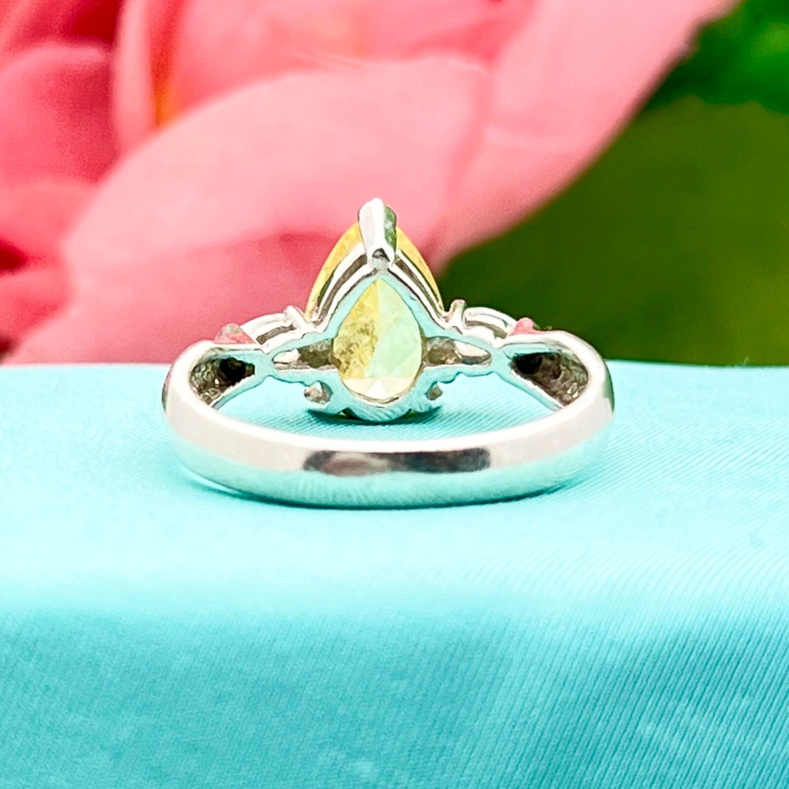 Sterling Silver 3 Carat Teardrop Yellow Citrine & Cubic Zirconia Ring-Vintage