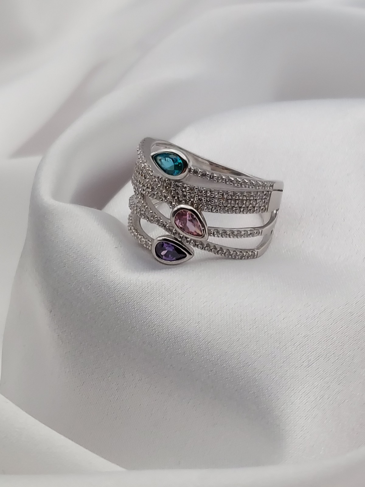Vintage PJM 6Band Sterling Crystal Muti Color Pear Cut Gemstones Ring 5.9Gr Sz8