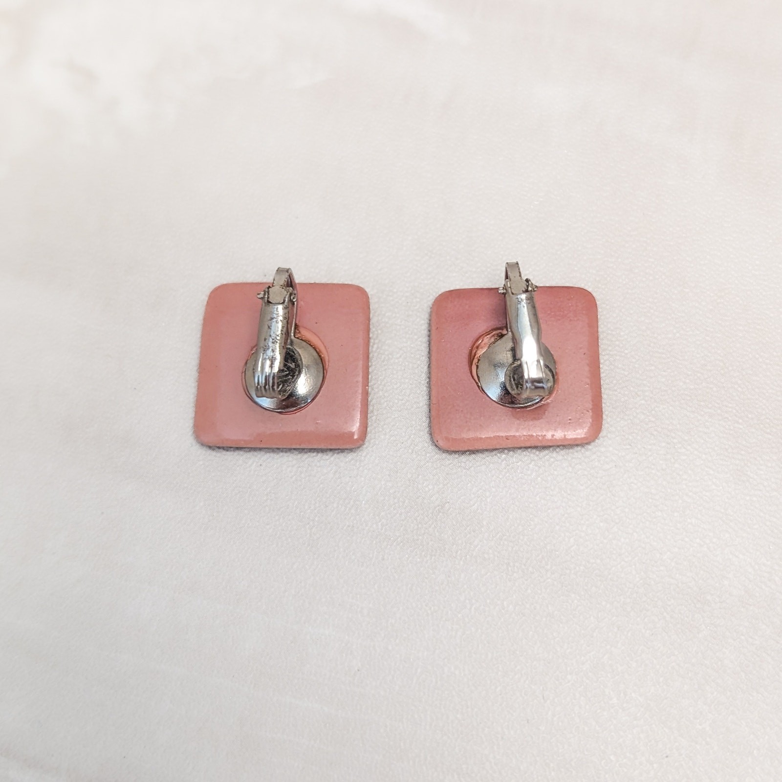 Vintage Clip On Earrings Light Brown with Pinkish Undertone Square Shape Retro