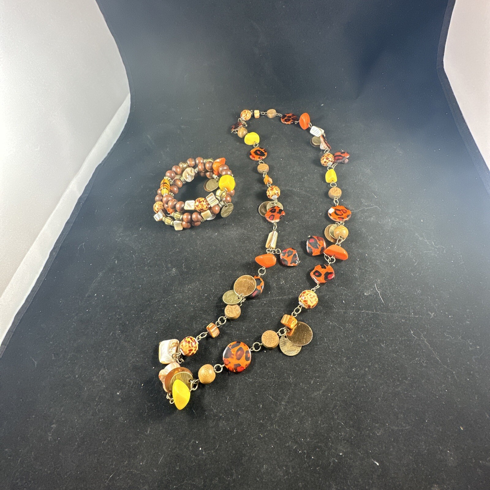 Vintage Boho Glass Wood Ceramic Acrylic Natural Beads Long Necklace & Bracelet
