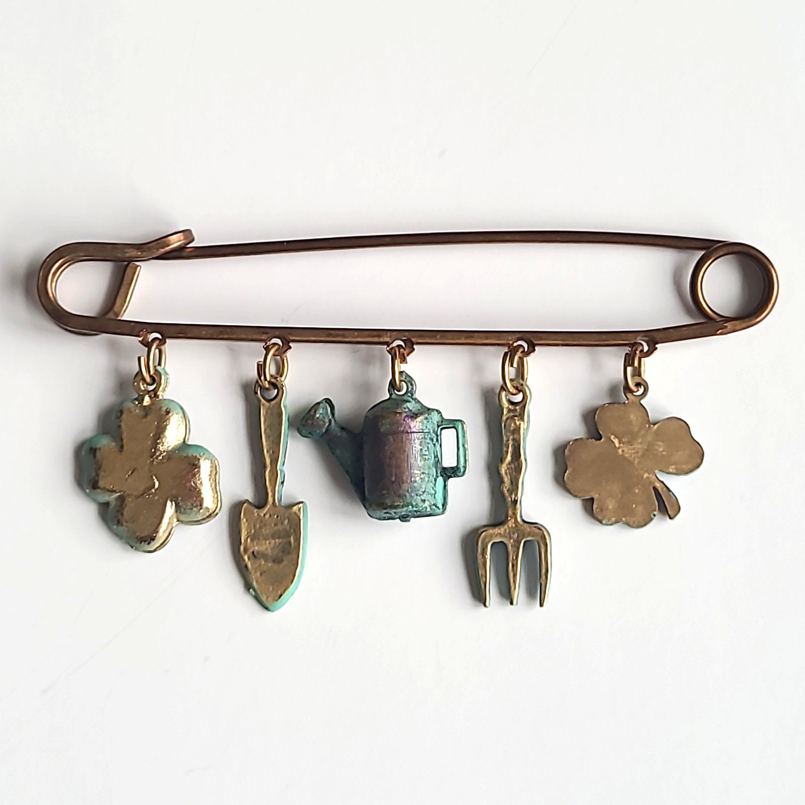 Vintage Gardening Charm Dangle Brass Safety Pin Brooch Handmade Metallic Garden
