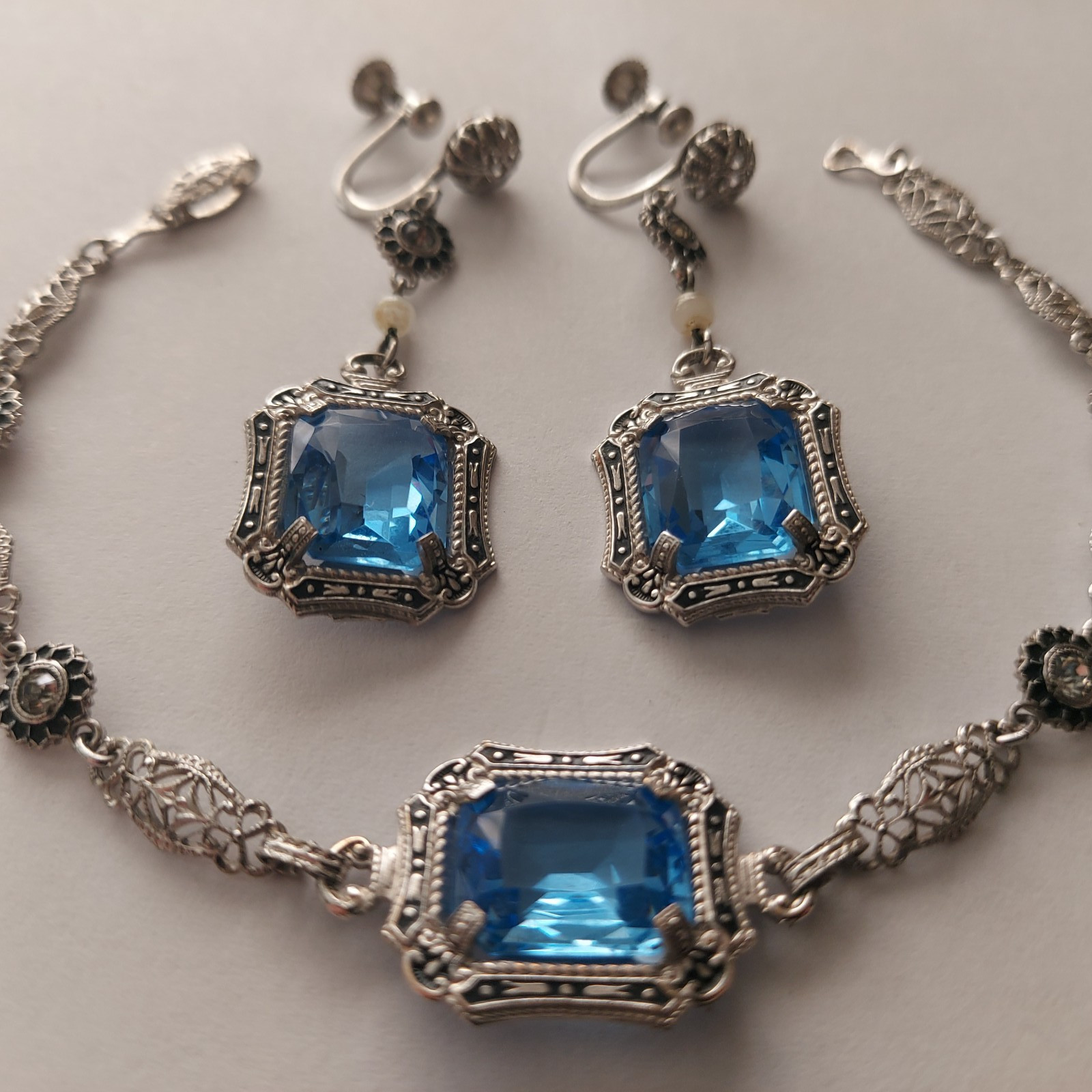 Antique Art Deco Blue Faceted Glass Ornate Filigree Bracelet & Earrings Set