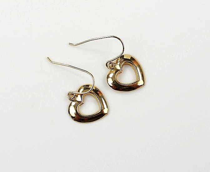 14K Yellow Gold Heart Dangle Drop Earrings Vintage JCM Fine Hook Classic Jewelry