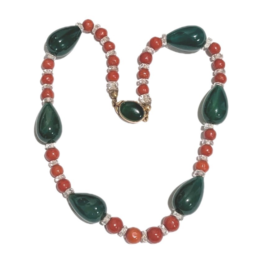 Vintage 14k Genuine 13mm Jade Coral Quartz Beads 13.5″ Choker Necklace 32 Grams