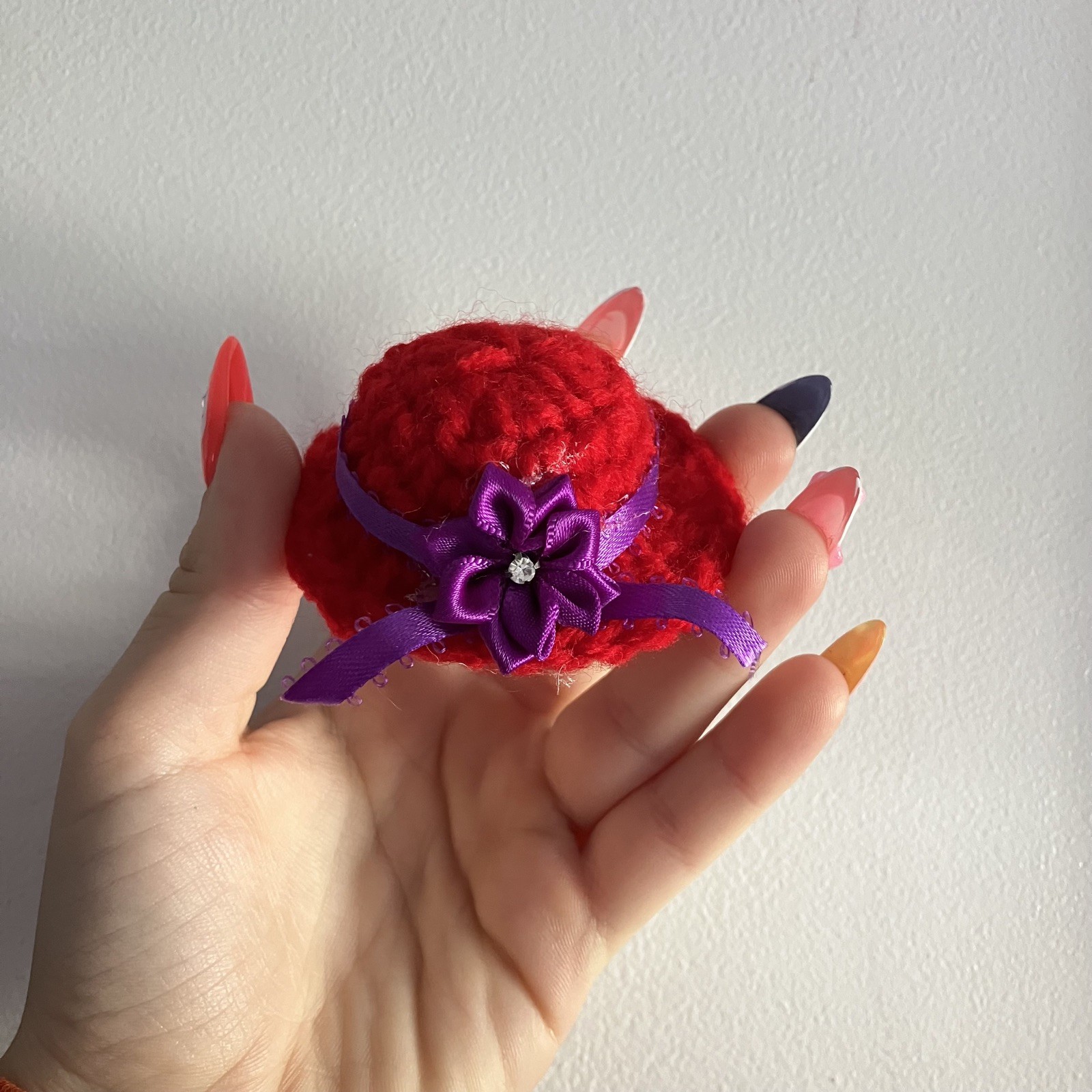 Handmade Crochet Hat Brooch Vintage 90s Y2K Pin Red With Purple Ribbon Bow