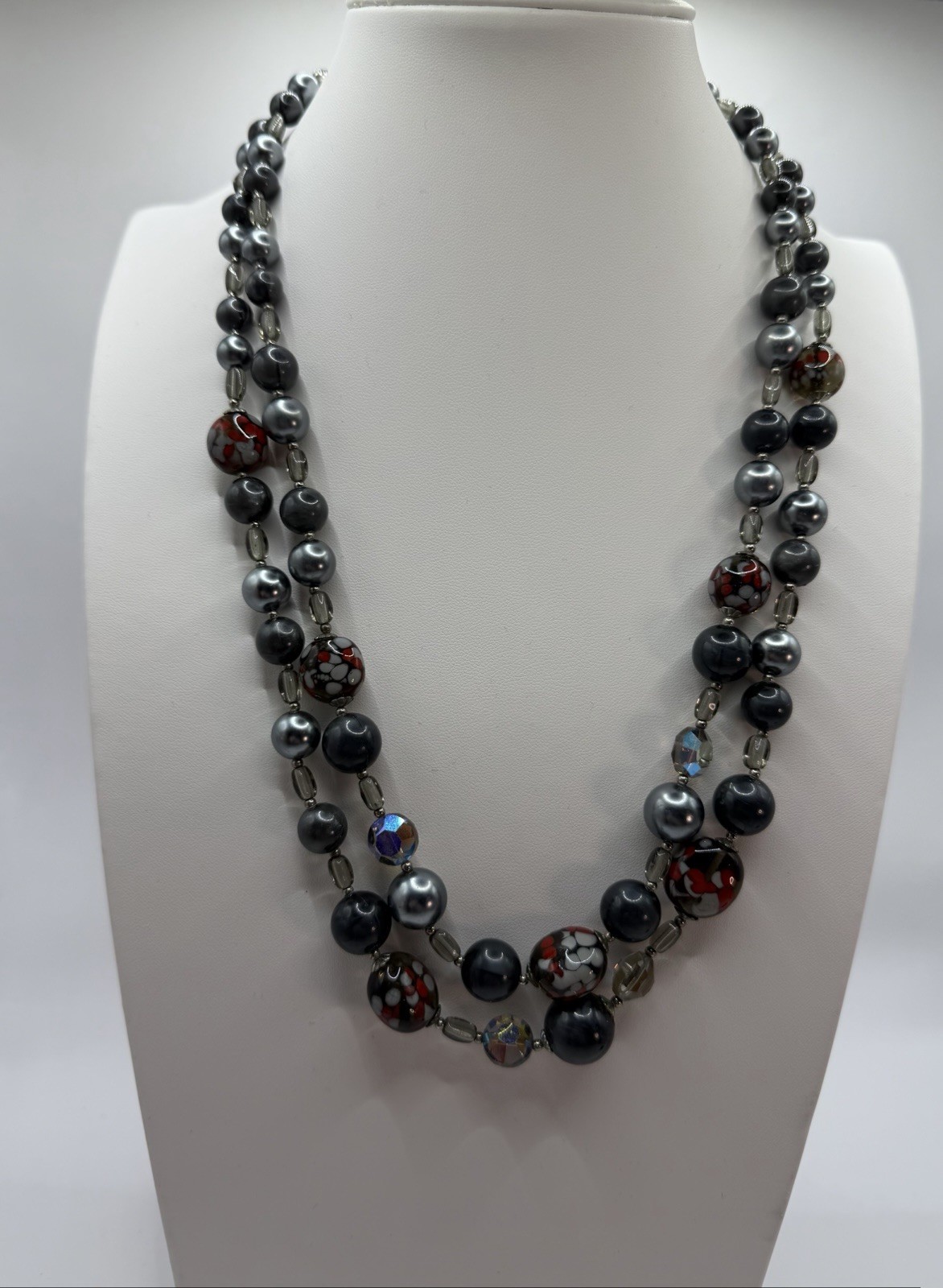 Vintage Art Glass & Faux Pearl Two Strand Necklace & Earrings Gray Black Red AB