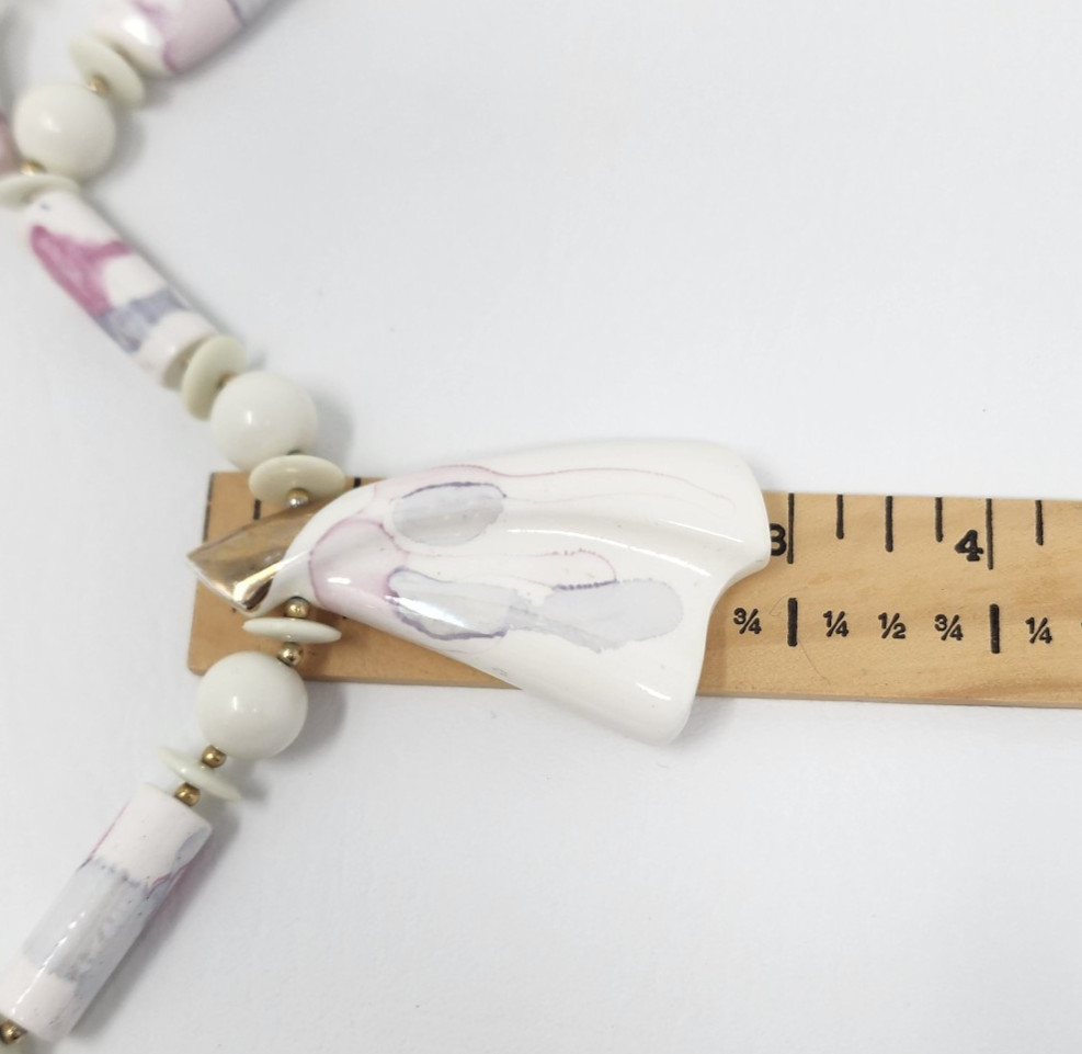 Vtg 80s Japan Hand Painted Pink Watercolor Ceramic Necklace Chunky Statement 30″