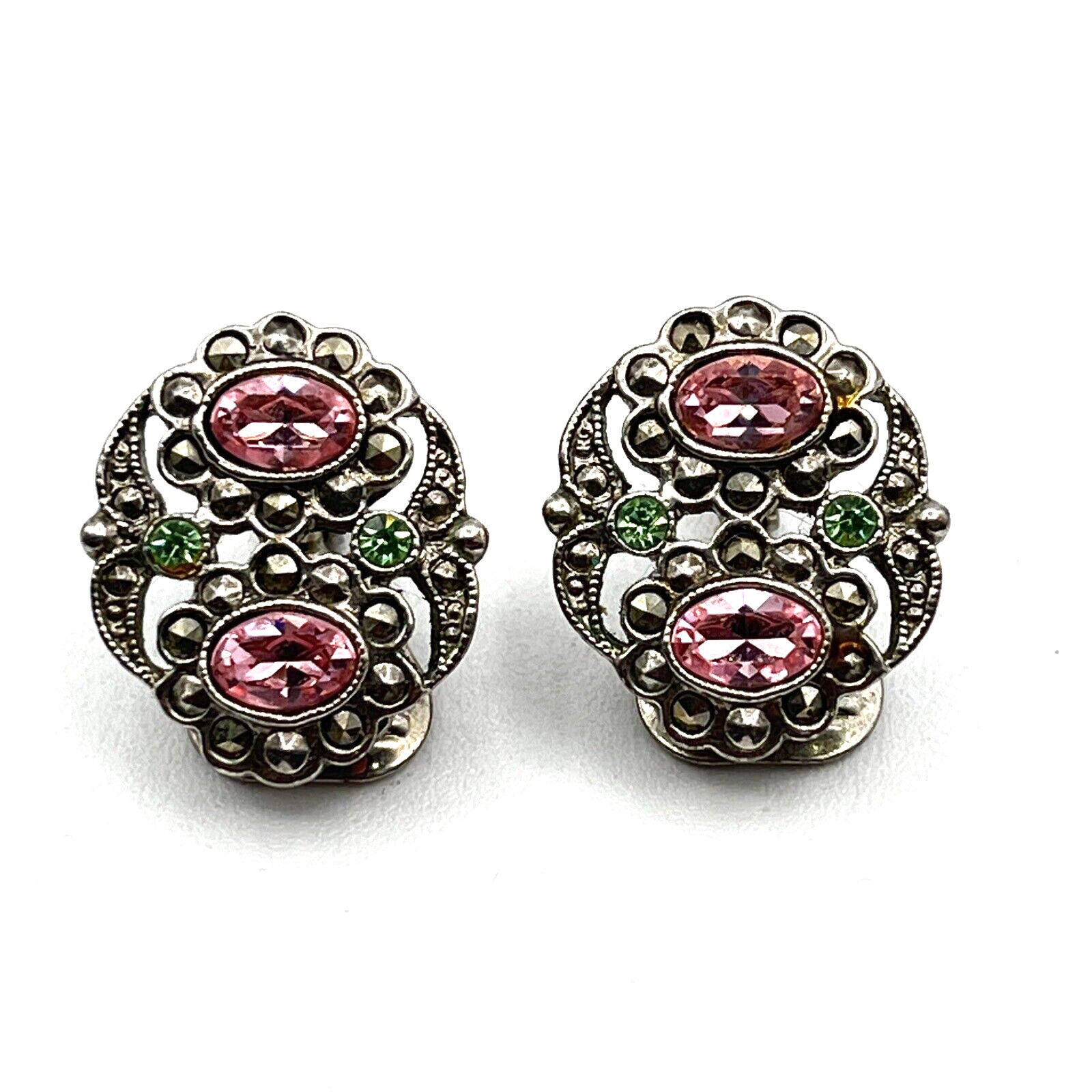 Vintage 1928 Brand Earrings Pink Rose and Green Rhinestone Clip Earrings 3/4″