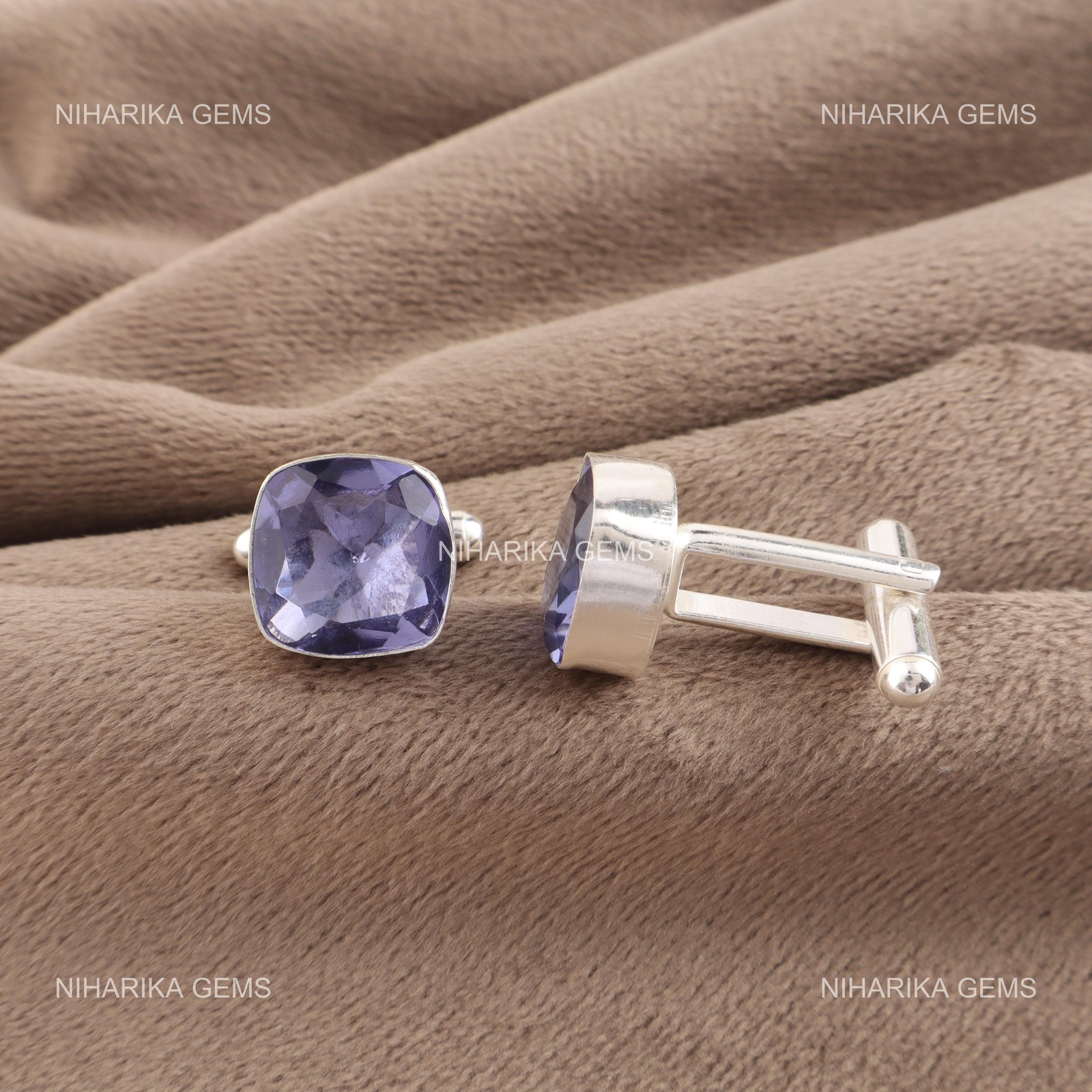 925 Sterling Silver Natural Iolite Purple Classic Dad Gifts Cufflinks Jewelry