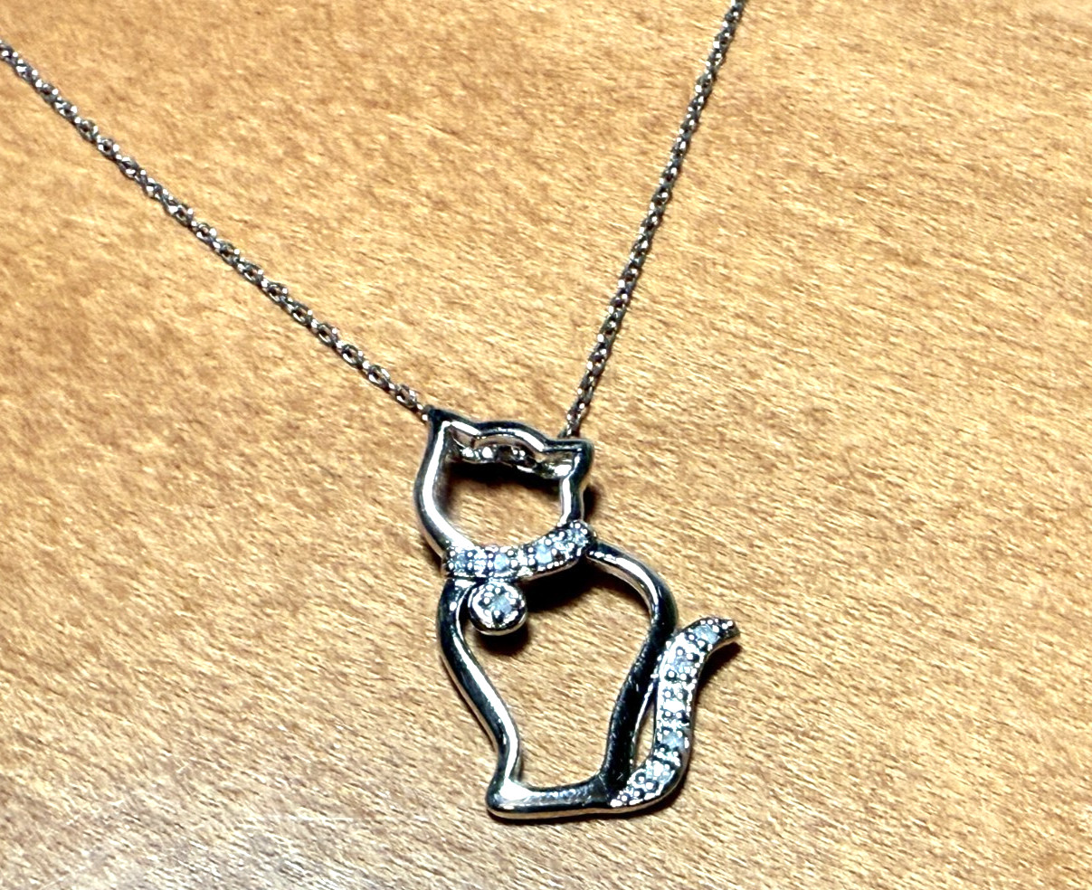 VINTAGE STERLING SILVER 925 CZ CAT KITTY CHARLES WINSTON CW PENDANT & 18″ CHAIN