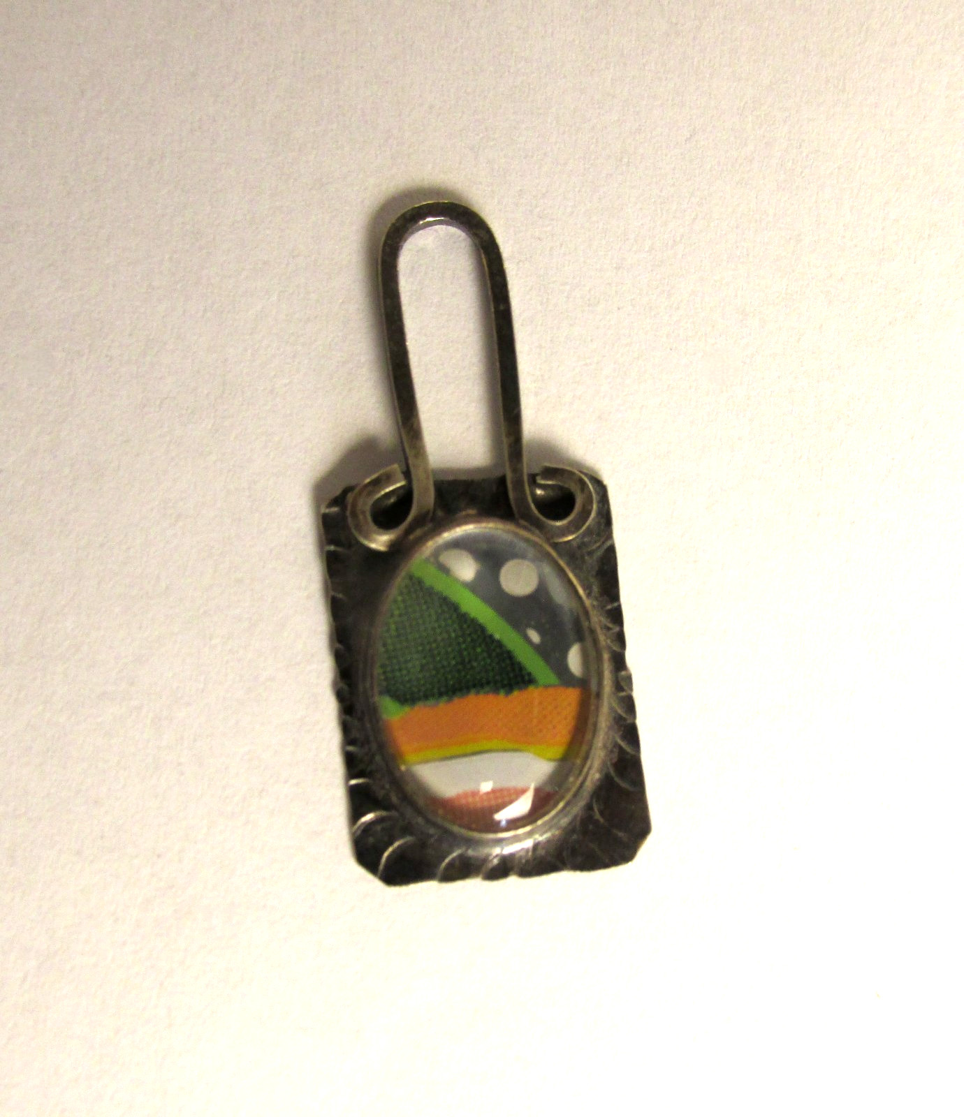 Sterling Silver Pendant Glass Domed Top Abstract Design Artisan Vintage Signed