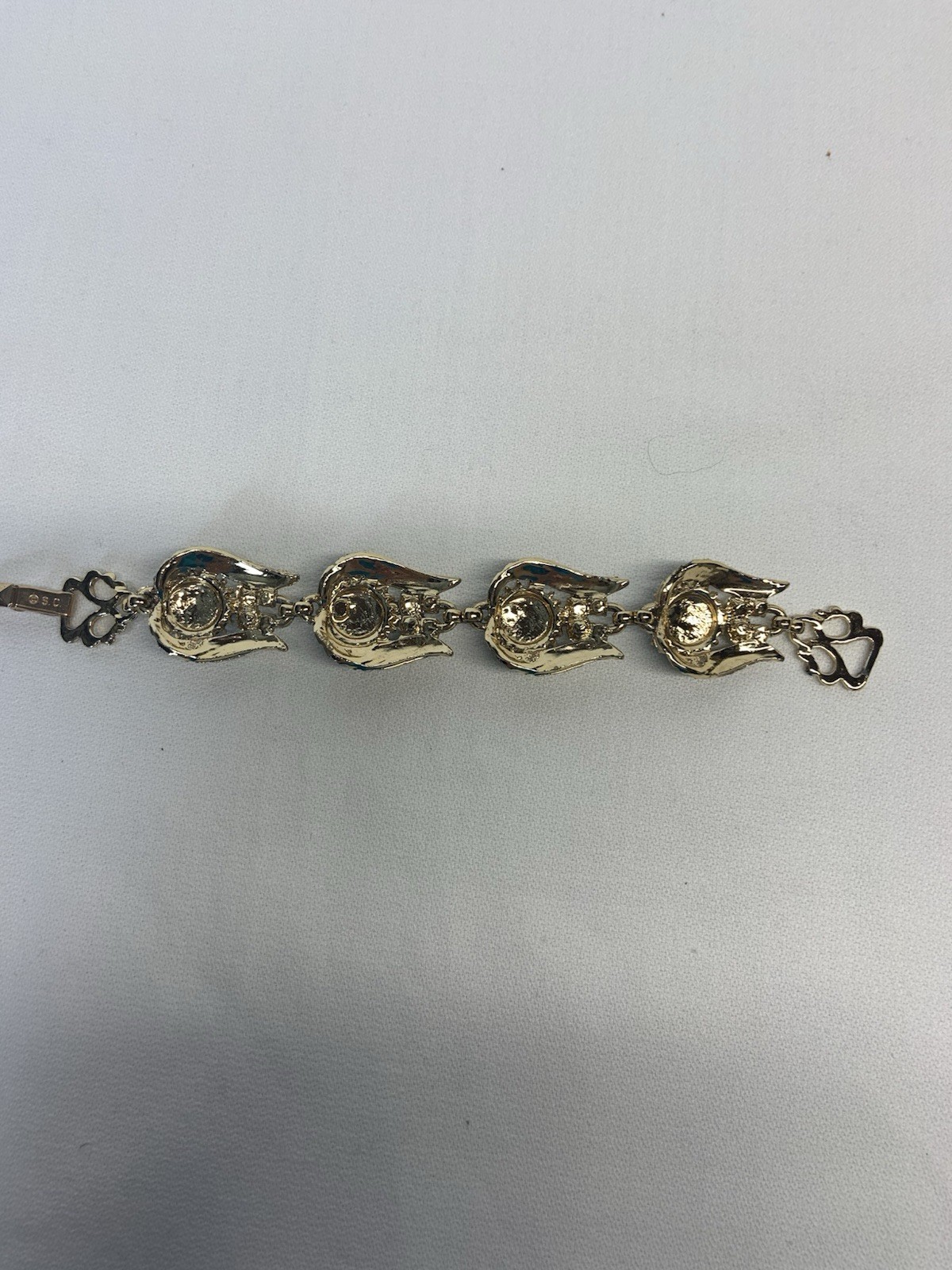 Sarah Cov.Bracelet W/Green Glass cabochon stones&small faux pearls, Goldtone,60s