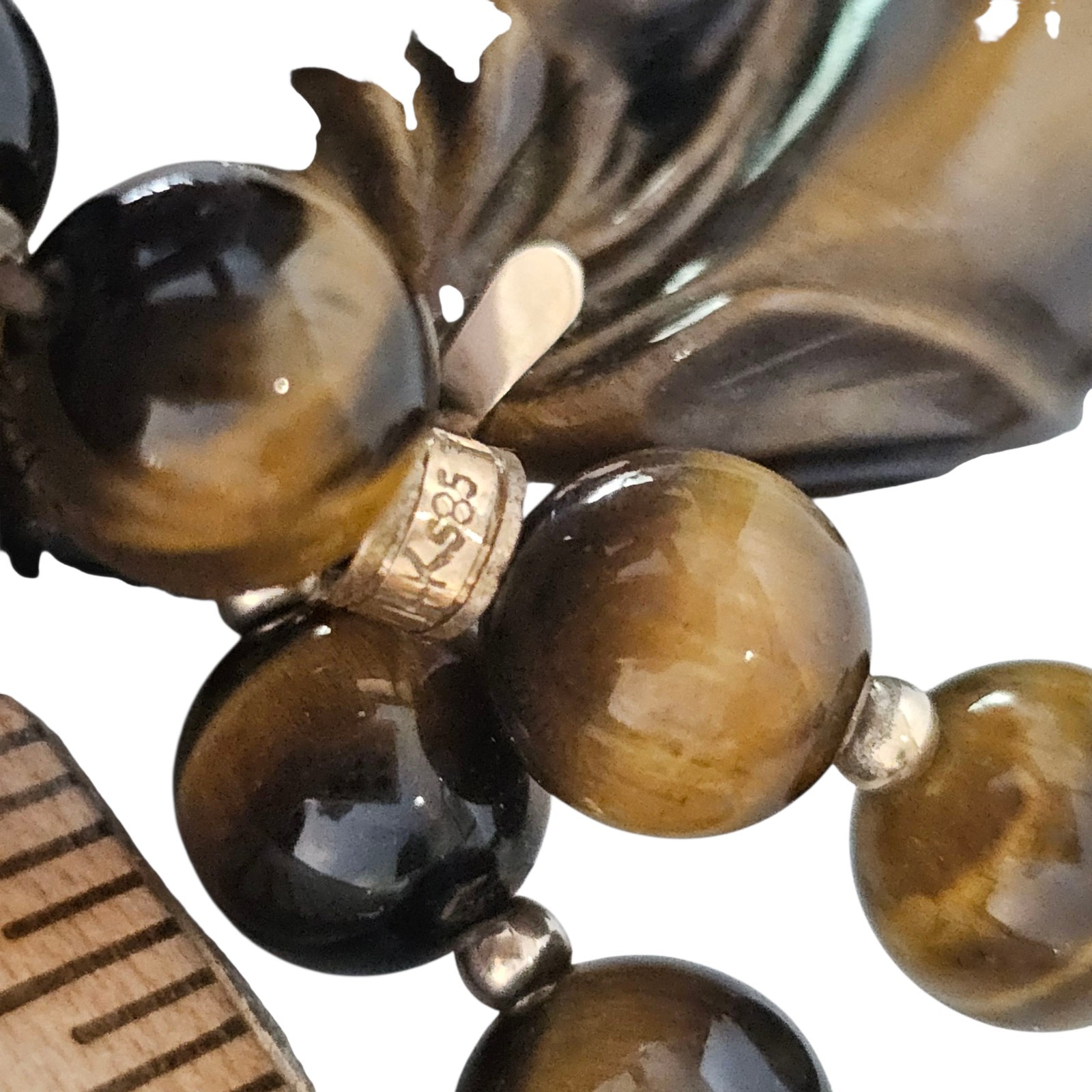 14k Gold Tigers Eye Carved Peach Floral 2″ Pendant 26″ NECKLACE 96 GR