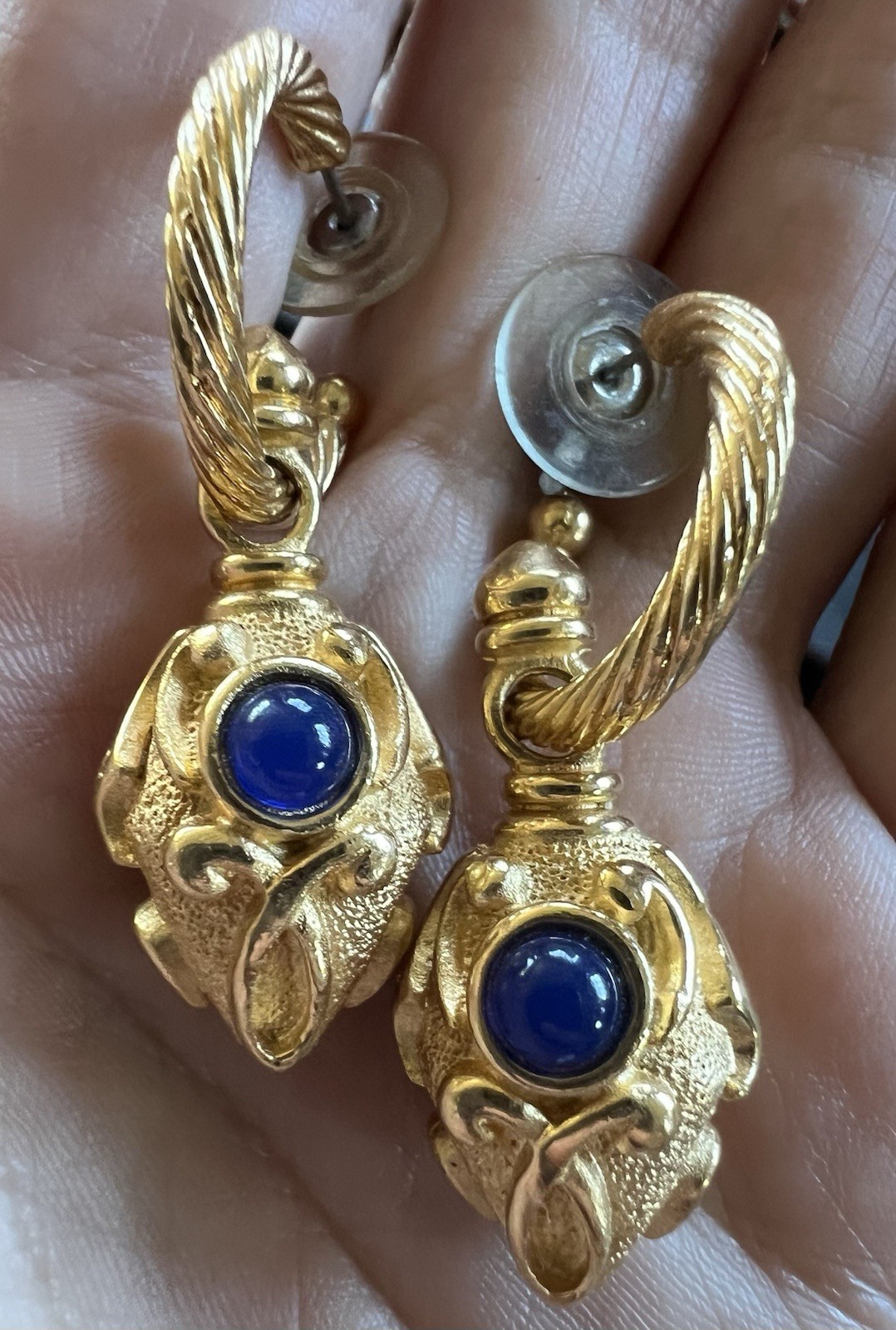 Vintage Estate Gold Tone Faux Cabochon Lapis Lazuli Dangle Drop Pierced Earrings
