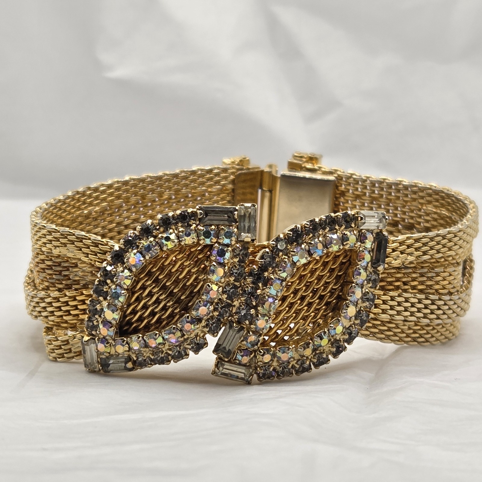 Vintage Hobé Gold Mesh Rhinestone Bracelet 7.25 In. Safety Chain – Signed