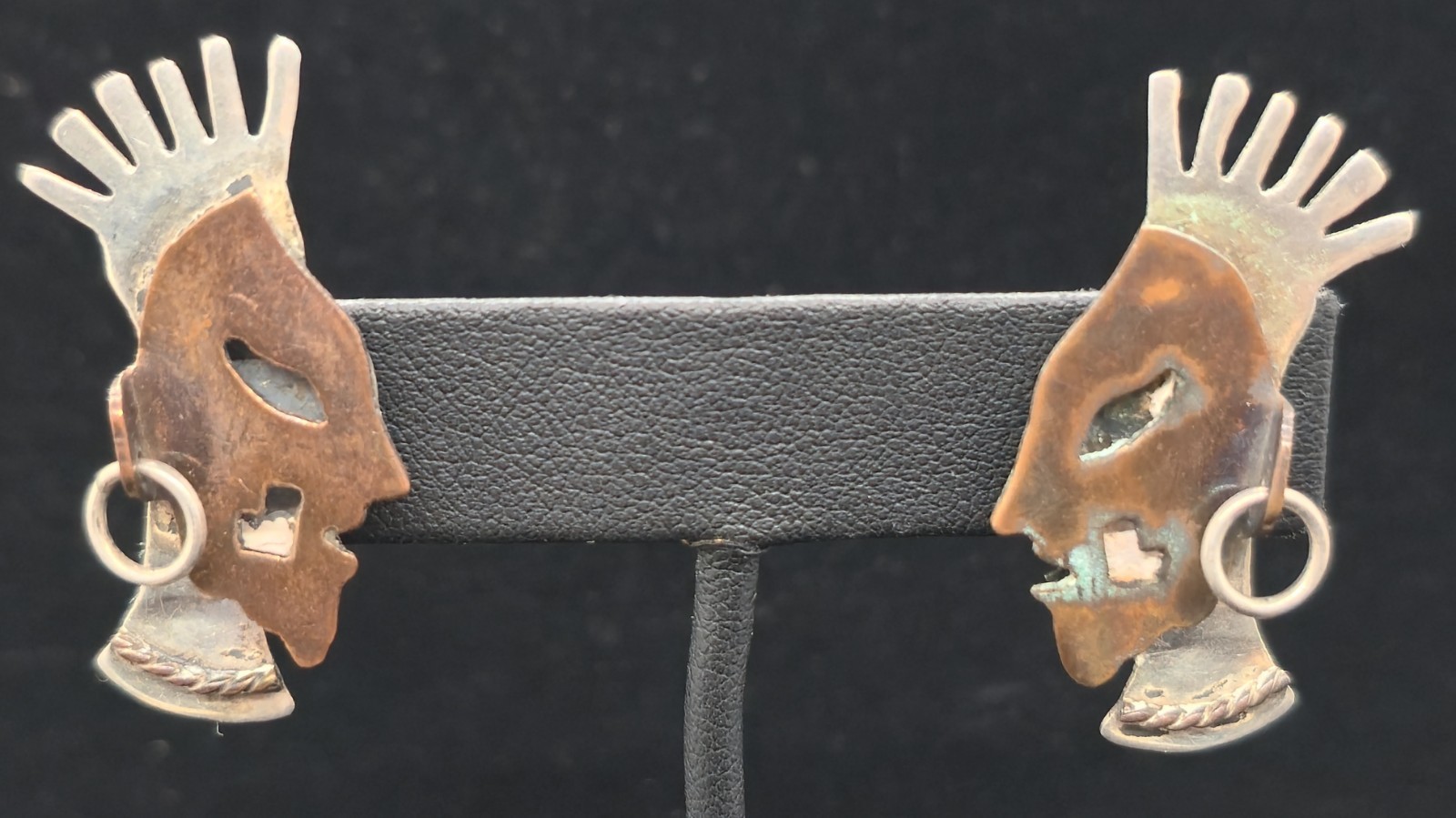Vtg Mixed Metal Sterling Silver Taxco Mexico Signed Tribal Face Mask Earrings