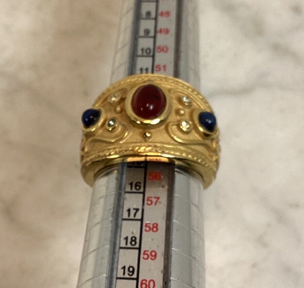 Vintage Gold Plated Byzantine Greek Faux Ruby Sapphire Peridot Ring Size 7