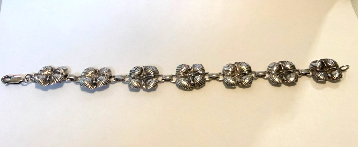 Carol Felley Sterling Silver Flower Link Bracelet 7.25 in Vintage 1988
