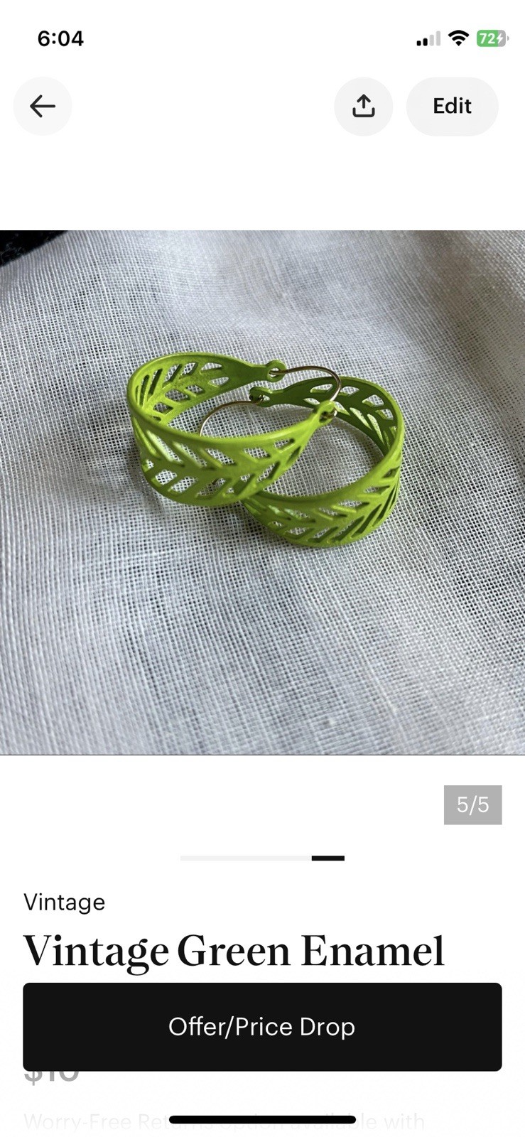 Vintage Bright Lime Green Enamel Cut Out Hoop Earrings