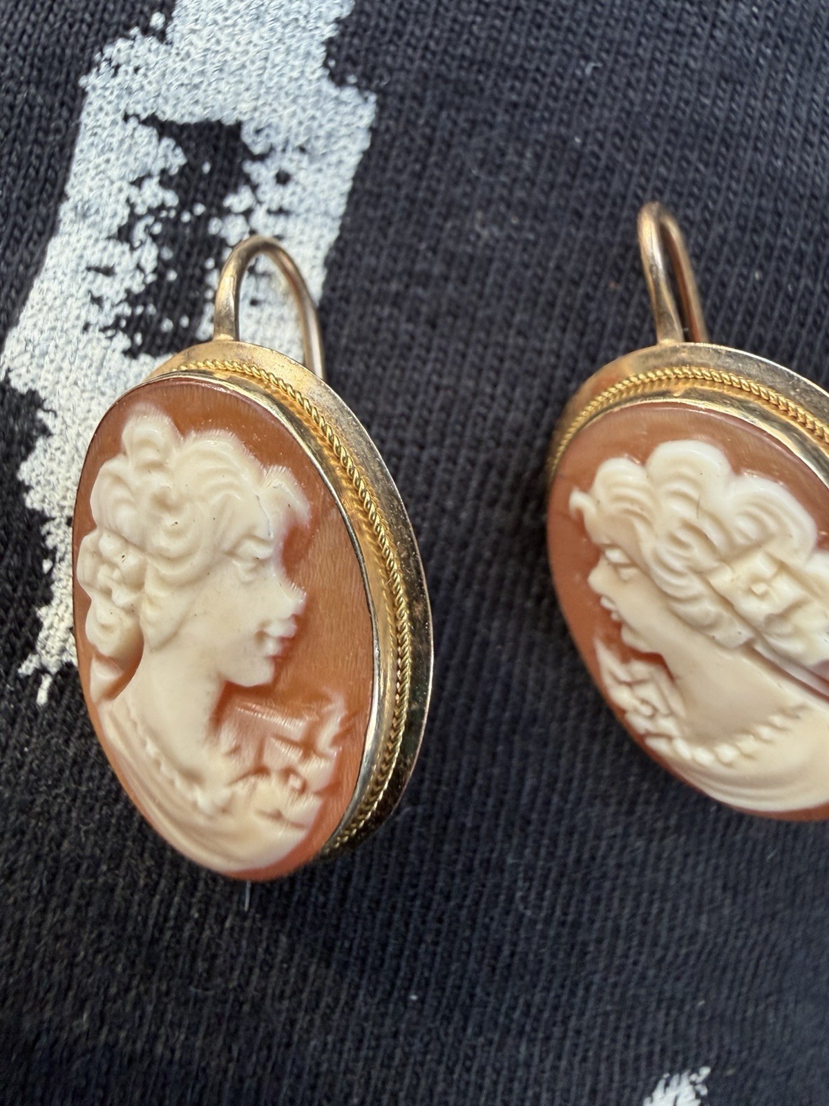 Oval Portrait Cameo Dangle Drop Earrings with Ear Wires, 14 K Gold