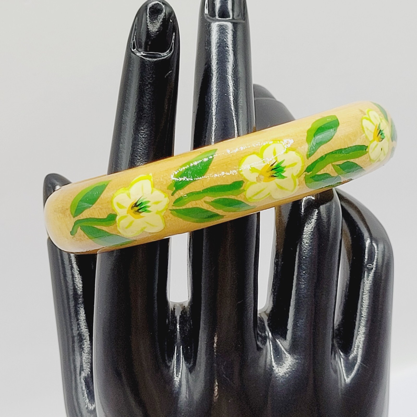 Wood Bangle Hand Painted Cream Flowers Green Leaves Lacquered Bangle Bracelet