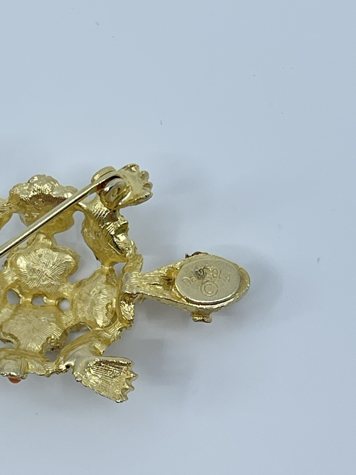 Vintage Brooch Pin De Nicola turtle faux coral and green rhinestone 1-3/4″