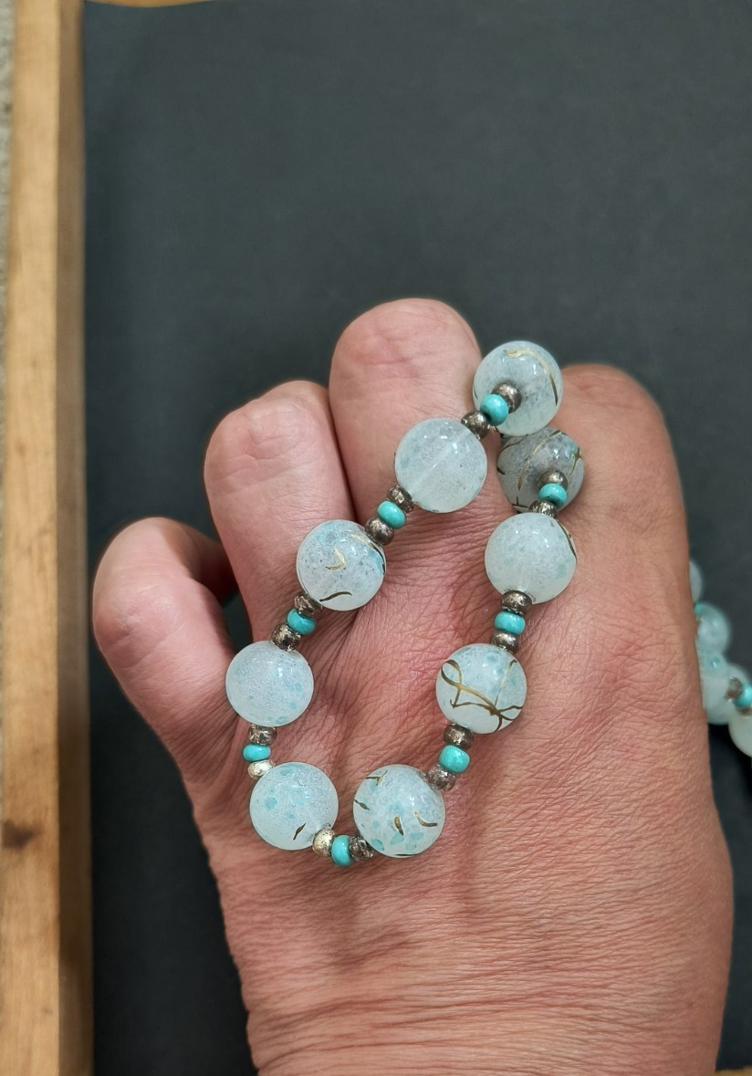 VTG Turquoise & Hand painted Glass Beads / 18″ Necklace, 1900s Venetian Murano