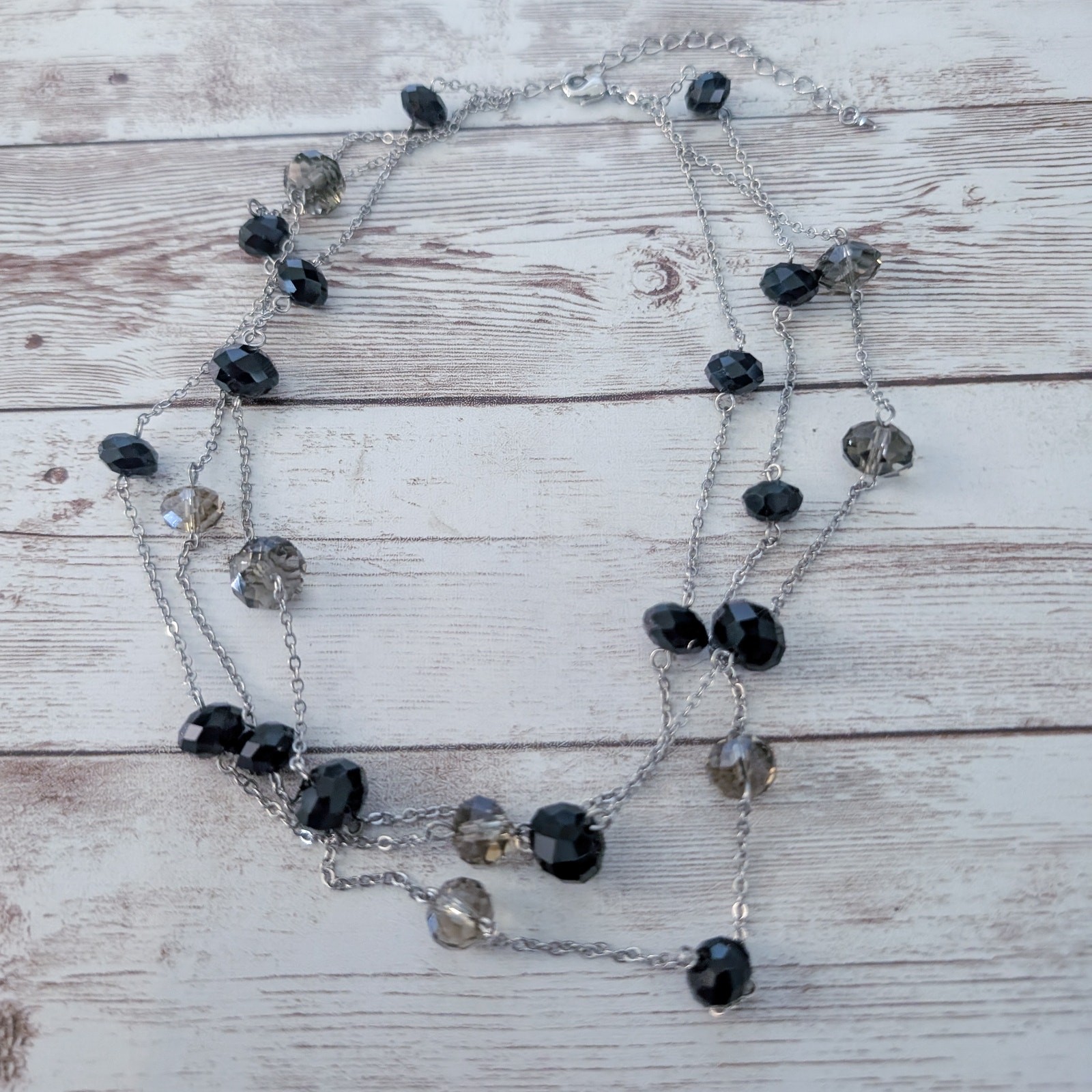 Vintage Necklace Layered Silver Tone with Black & Grey Beads
